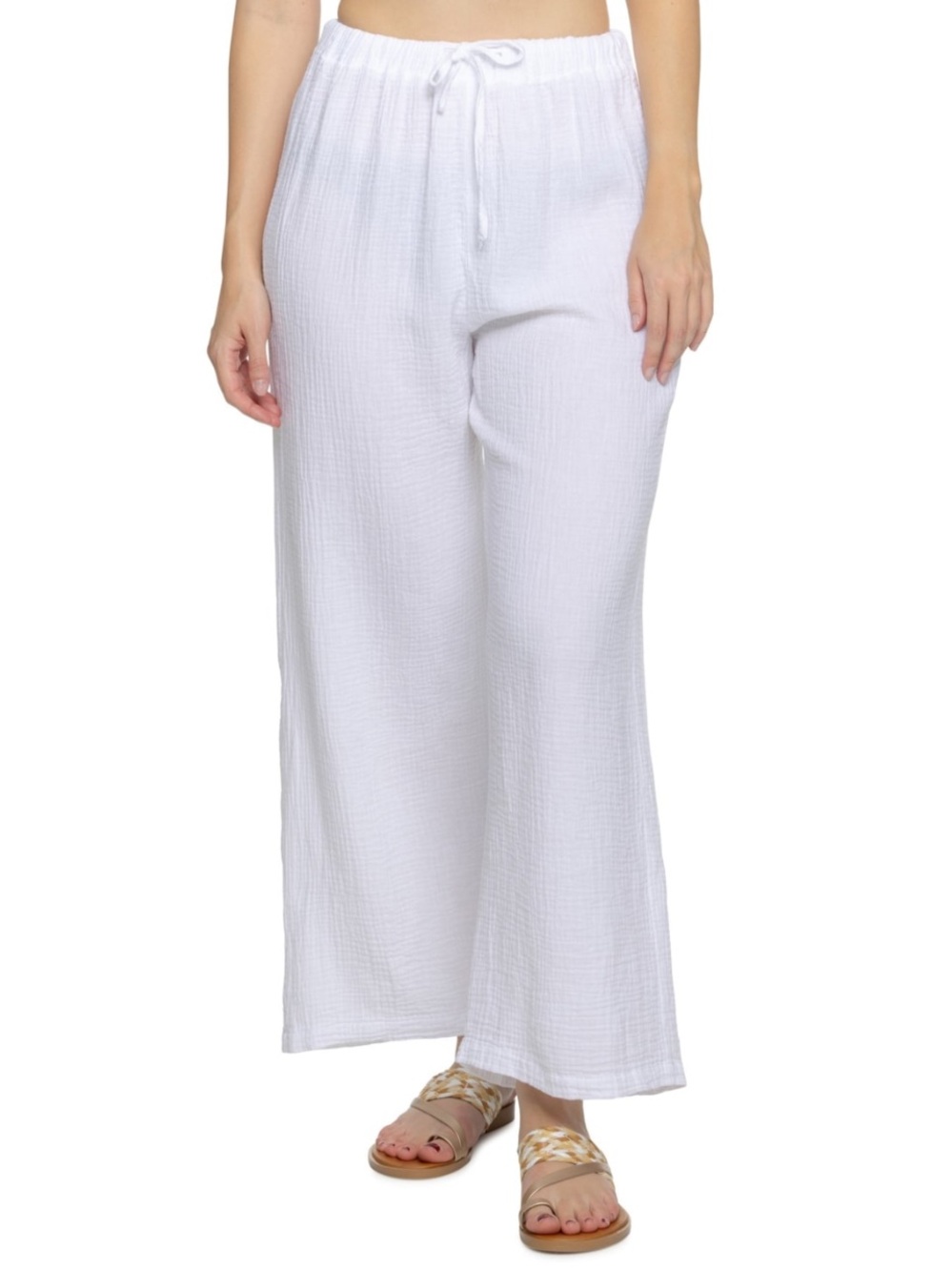 4OD White Cotton Gauze Beach Swim Cover Up Drawstring Pants